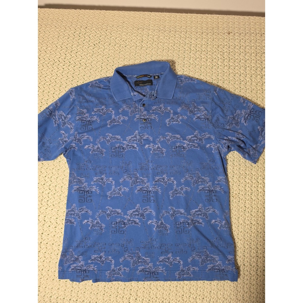 Greg Norman Polo Shirt Mens Medium Blue Palm Tree Tropical Print Cotton